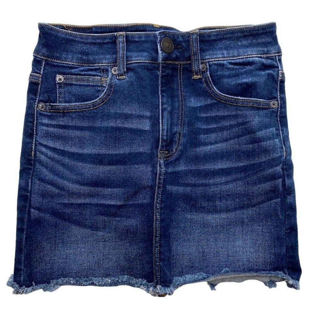 American Eagle AEO Denim Jean Skirt 2 XS Blue Cut-Off Raw-Hem Stretch